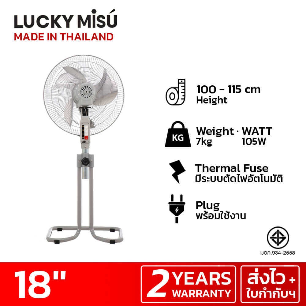 พัดลมอุตสาหกรรม 18 นิ้ว ลัคกี้มิตซู LM324 สีเทา ใบเงิน รุ่นขากบ พัดลมประกอบแล้ว_6